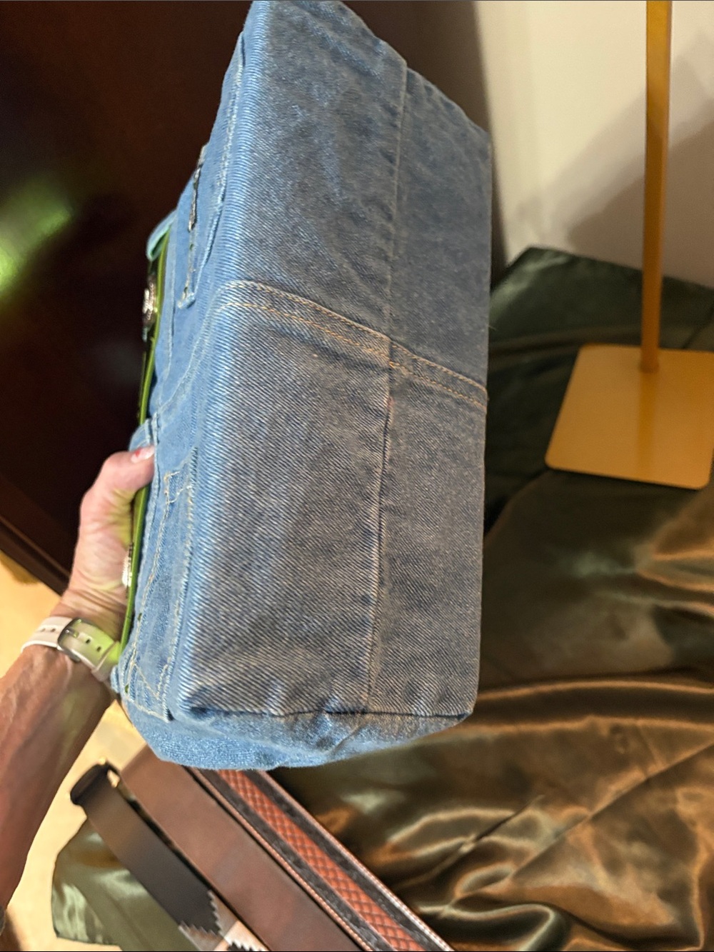 Denim Tote with Lime Green Trim and Beaded Handles - Picture 6 of 9